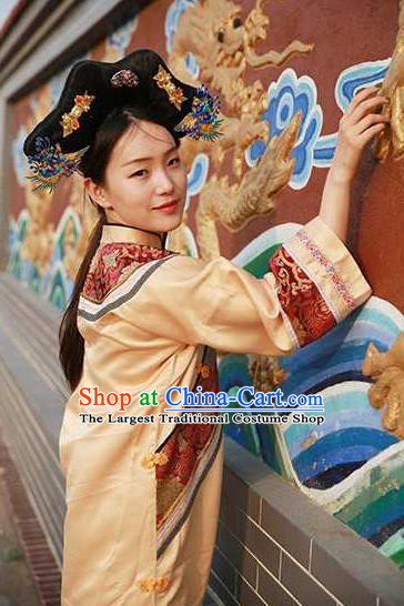 Chinese Drama Story of Yanxi Palace Garment Costumes Qing Dynasty Imperial Concubine Clothing Ancient Manchu Lady Yellow Qipao Dress