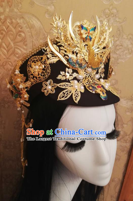 China Handmade Qing Dynasty Manchu Queen Hair Crown Traditional Empresses in the Palace Court Headdress Ancient Court Woman Golden Phoenix Hat Headwear