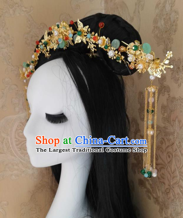Chinese Handmade Wigs and Golden Hairpins Traditional Qing Dynasty Court Hair Accessories Ancient Princess Hairpieces