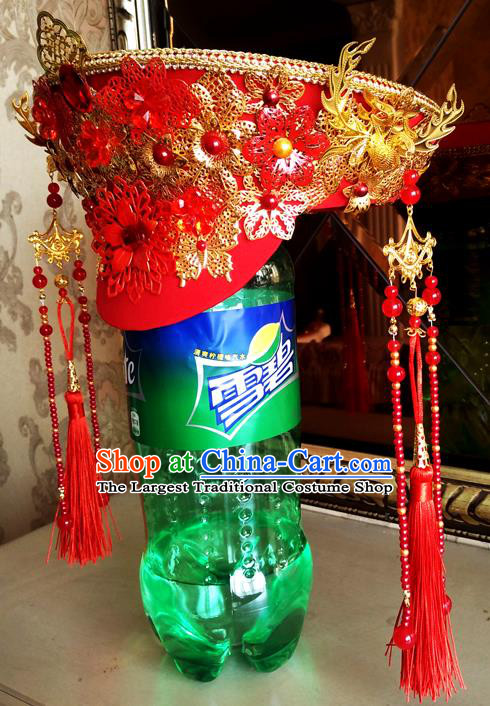 China Handmade Qing Dynasty Wedding Red Hair Crown Traditional The Legend of Xiaozhuang Court Headwear Ancient Empress Hat