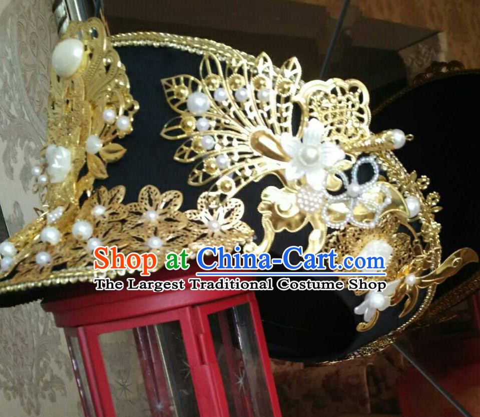 China Handmade Qing Dynasty Empress Golden Hair Crown Traditional Drama Empresses in the Palace Headwear Ancient Imperial Consort Hat