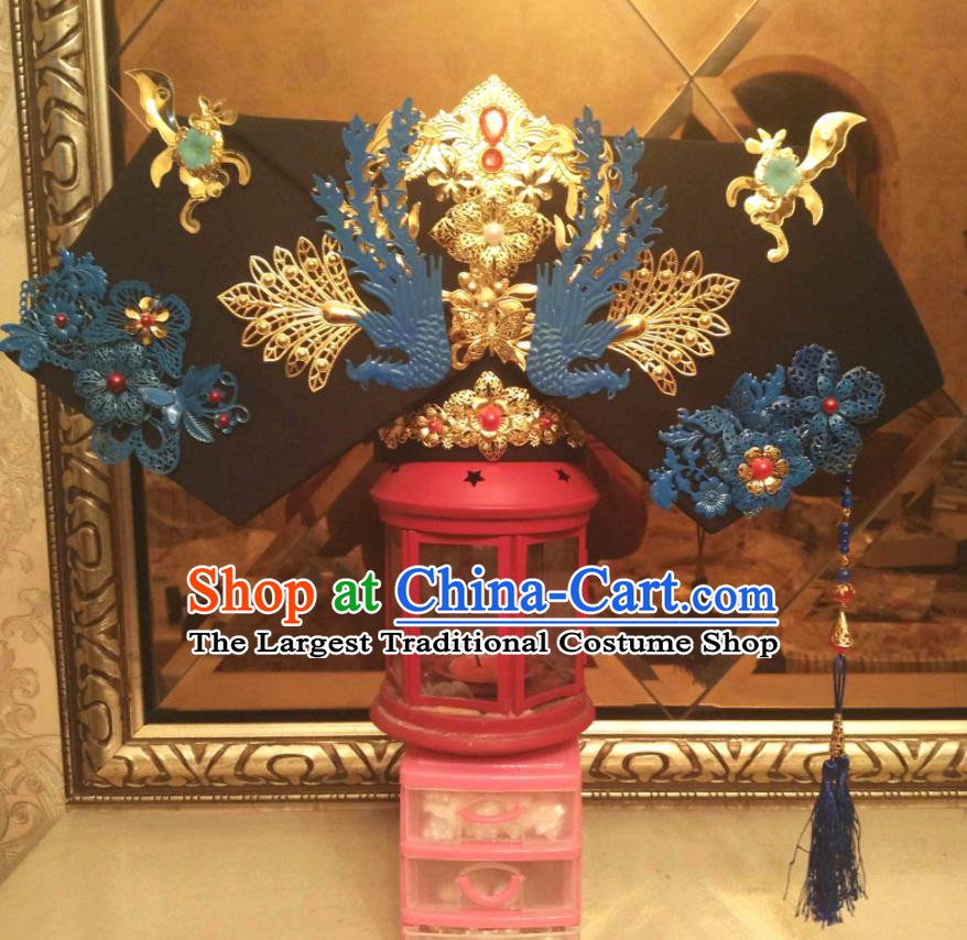 China Handmade Qing Dynasty Manchu Woman Hair Crown Traditional Drama Empresses in the Palace Headwear Ancient Imperial Consort Great Wing Hat