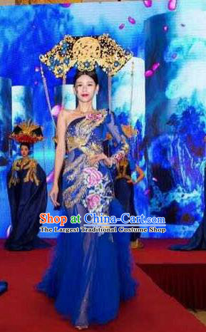 China Ancient Empress Blue Peony Great Wing Hat Handmade Qing Dynasty Imperial Consort Hair Crown Traditional Drama Palace Headdress