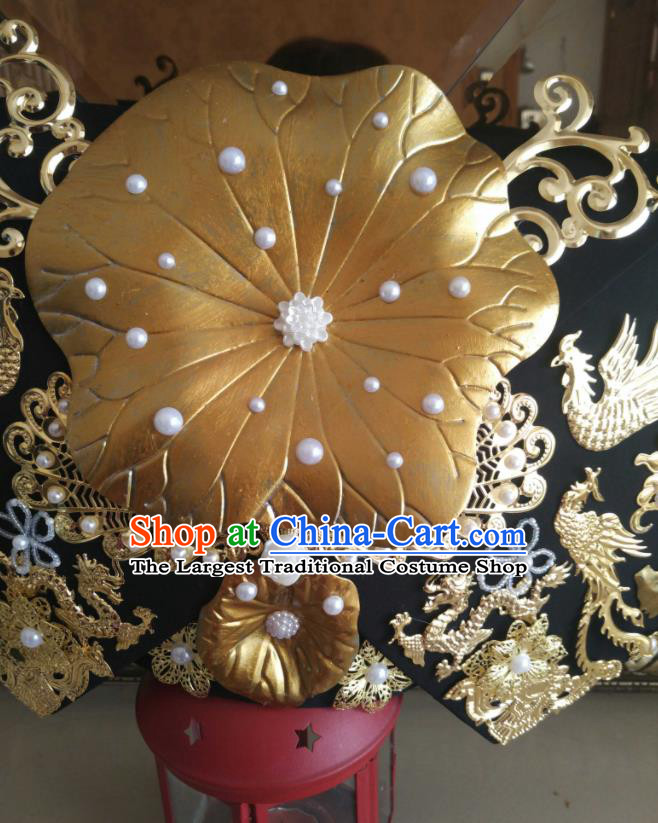 China Traditional Drama Palace Headdress Ancient Empress Great Wing Hat Handmade Qing Dynasty Imperial Consort Golden Lotus Leaf Hair Crown