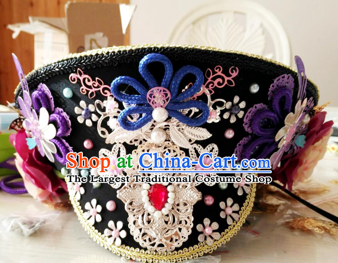China Handmade Qing Dynasty Imperial Consort Hair Crown Traditional Court Headdress Ancient Drama Empresses in the Palace Zhan Huan Hat