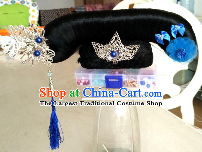 Chinese Ancient Manchu Lady Hairpieces Qing Dynasty Court Maid Wigs and Hair Accessories