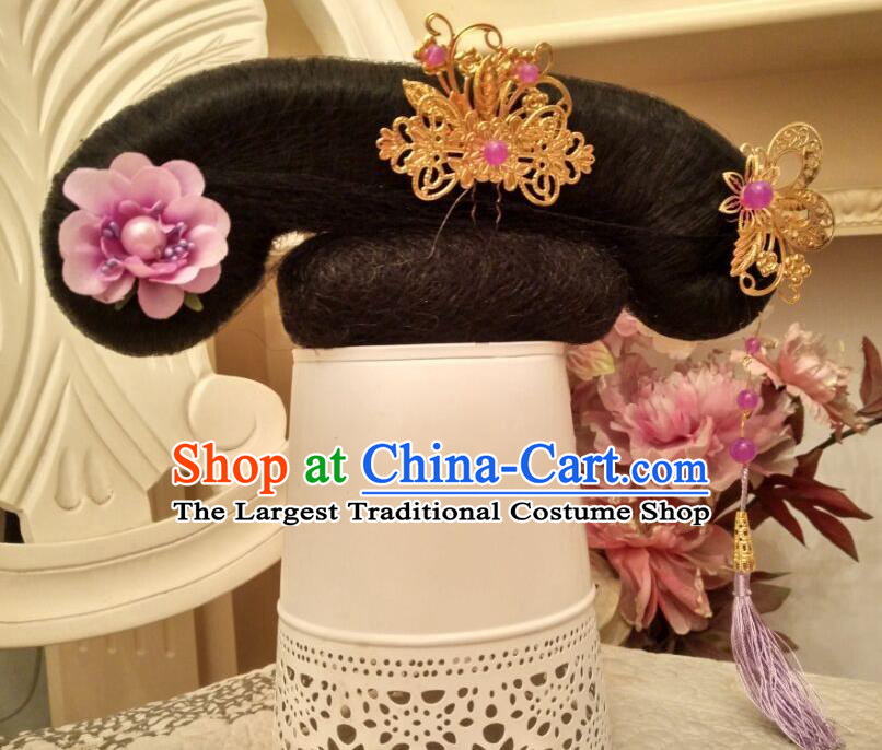 Chinese Ancient Manchu Woman Headdress Traditional Qing Dynasty Court Lady Wigs Hairpieces and Hair Accessories