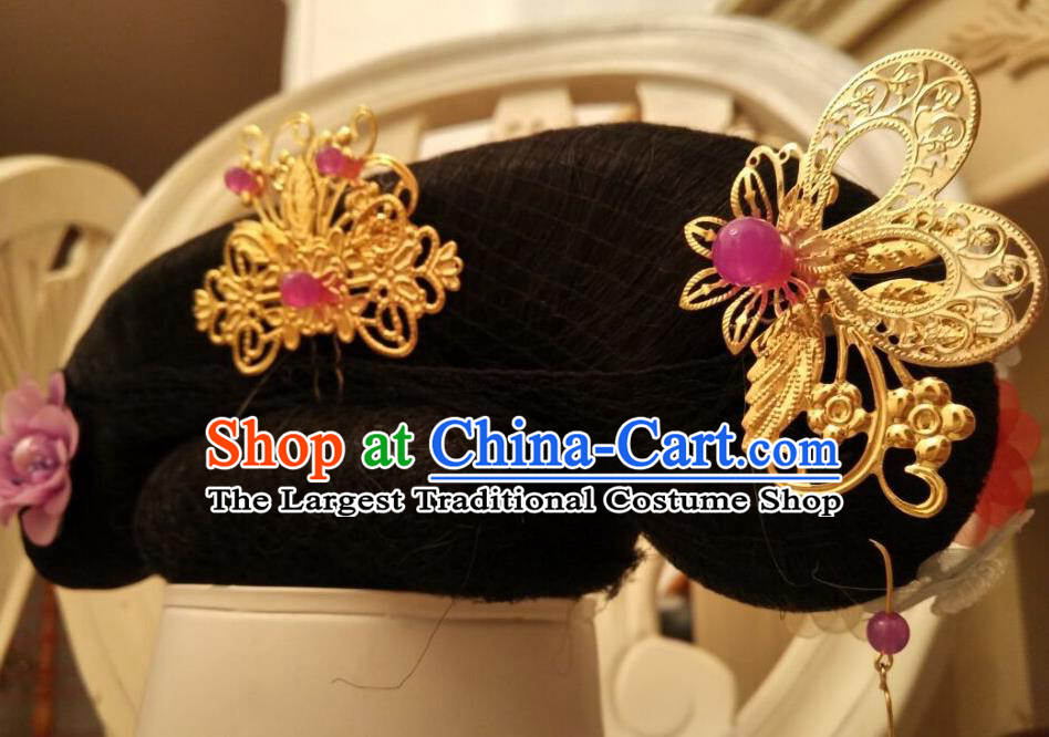 Chinese Ancient Manchu Woman Headdress Traditional Qing Dynasty Court Lady Wigs Hairpieces and Hair Accessories