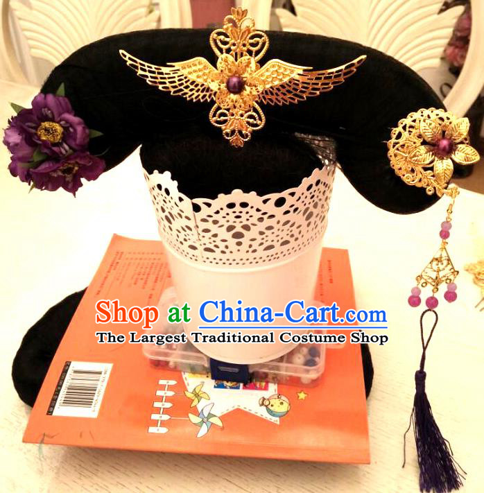 Chinese Ancient Palace Princess Hairpieces Traditional Qing Dynasty Court Headdress Imperial Consort Wigs and Hair Accessories