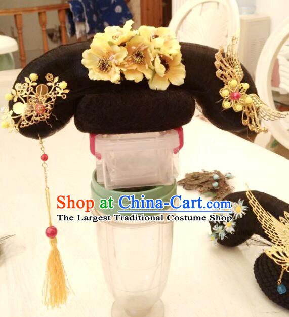 Chinese Traditional Qing Dynasty Palace Lady Headdress Ancient Princess Wigs and Hair Accessories Court Hairpieces