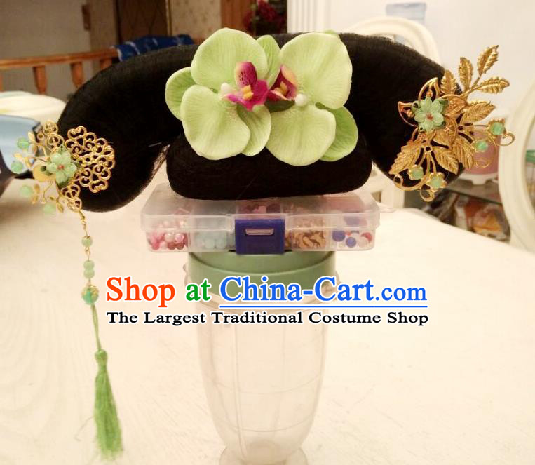 Chinese Traditional Court Hairpieces Qing Dynasty Palace Lady Headdress Ancient Servant Girl Wigs and Hair Accessories