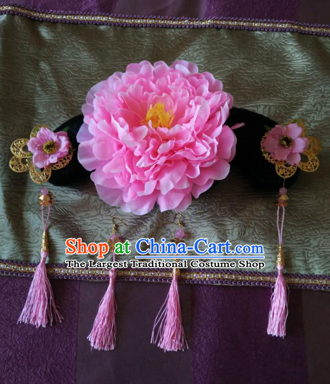 Chinese Qing Dynasty Palace Lady Headdress Ancient Manchu Girl Wigs and Hair Accessories Traditional Court Pink Peony Hairpieces