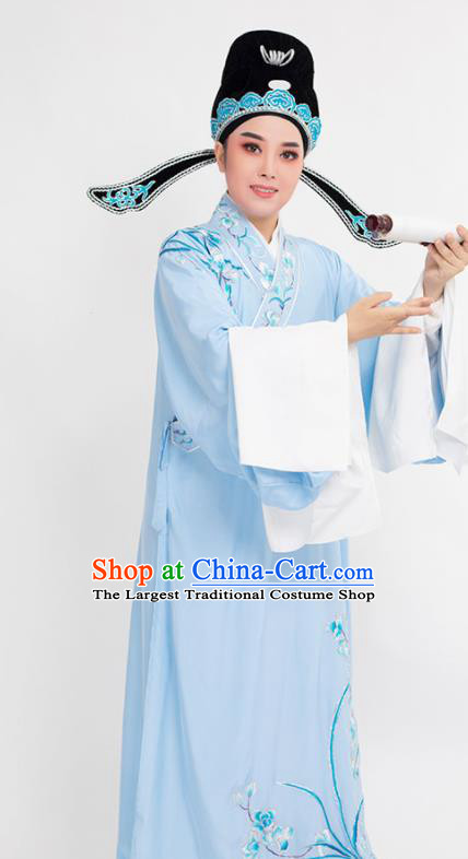 China Peking Opera Xiaosheng Embroidered Orchids Blue Robe Costume Beijing Opera Niche Clothing Traditional Yue Opera Scholar Garment