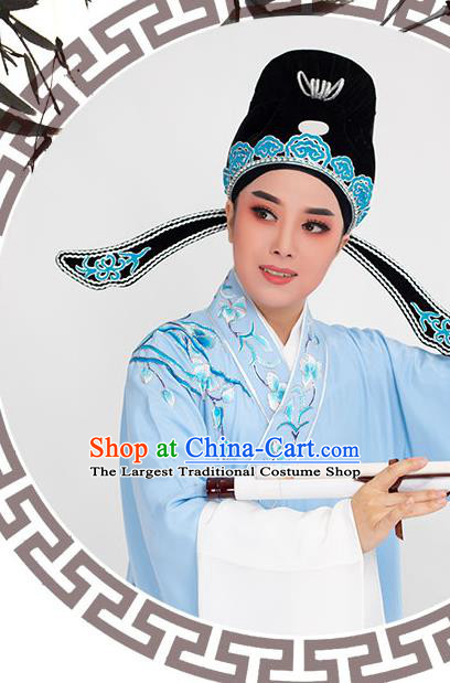 China Peking Opera Xiaosheng Embroidered Orchids Blue Robe Costume Beijing Opera Niche Clothing Traditional Yue Opera Scholar Garment