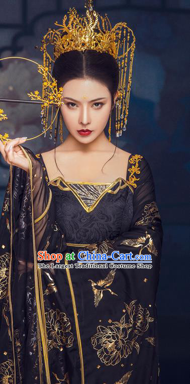 China Ancient Court Woman Black Hanfu Dress Garments Traditional Tang Dynasty Imperial Consort Historical Clothing and Headpieces Complete Set