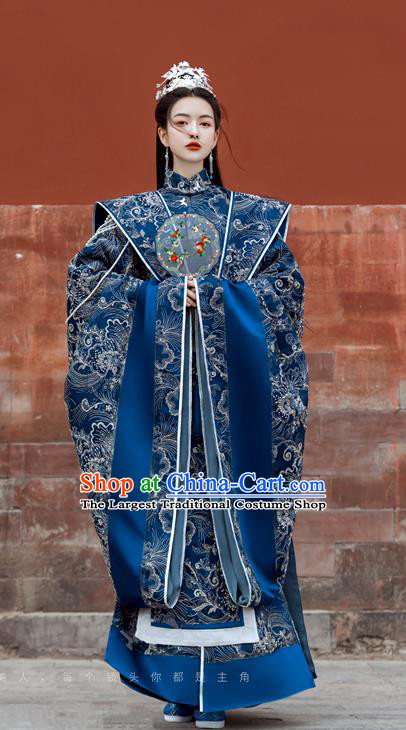 China Ancient Imperial Consort Embroidered Blue Hanfu Dress Traditional Southern and Northern Dynasties Princess Historical Garment Costumes