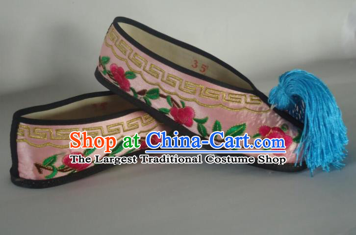 China Peking Opera Diva Embroidered Shoes Opera Actress Pink Satin Shoes Traditional Peking Opera Hua Tan Shoes
