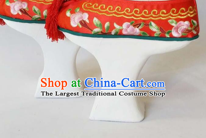 China Beijing Opera Hua Tan Red Embroidered Shoes Qing Dynasty Princess Shoes Traditional Peking Opera Actress Shoes