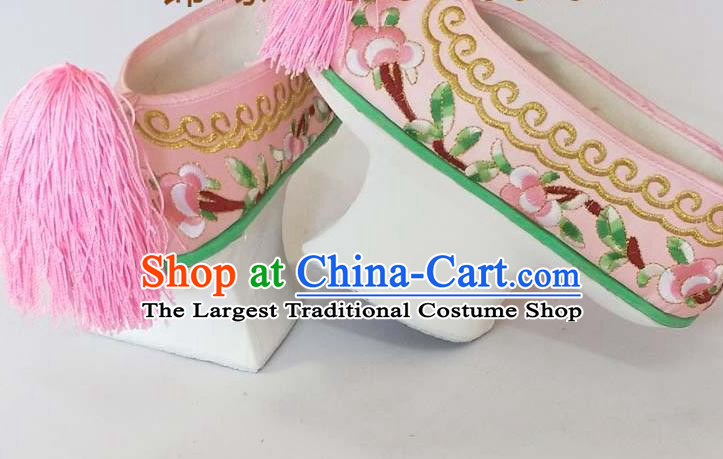 China Traditional Peking Opera Actress Shoes Beijing Opera Hua Tan Pink Embroidered Shoes Qing Dynasty Princess Satin Shoes