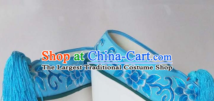 China Beijing Opera Hua Tan Embroidered Shoes Qing Dynasty Princess Blue Satin Shoes Traditional Peking Opera Actress Shoes