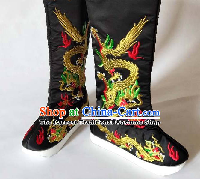 China Sichuan Opera Black Satin Boots Traditional Peking Opera Emperor Shoes Beijing Opera Embroidered Dragon Shoes