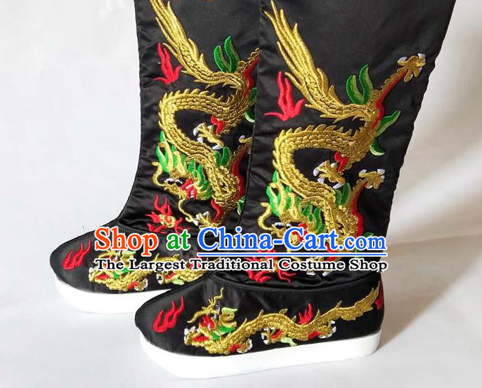 China Sichuan Opera Black Satin Boots Traditional Peking Opera Emperor Shoes Beijing Opera Embroidered Dragon Shoes