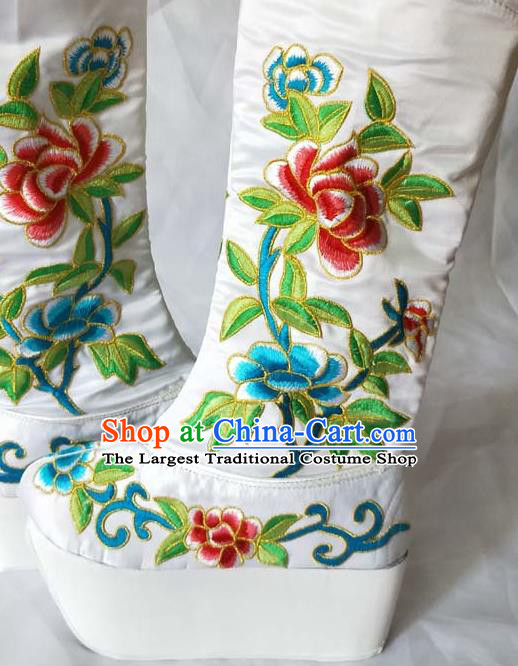China Beijing Opera Embroidered Peony Shoes Sichuan Opera Female General White Satin Boots Traditional Peking Opera Shoes