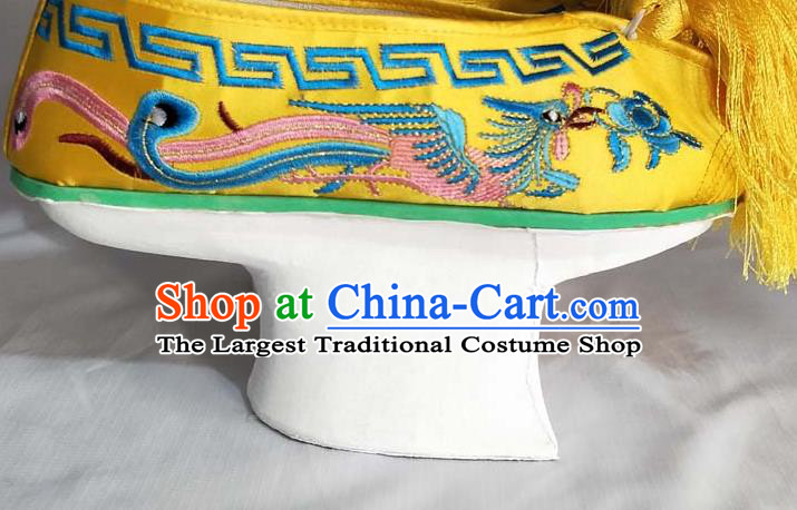 China Traditional Peking Opera Diva Shoes Beijing Opera Hua Tan Embroidered Phoenix Shoes Qing Dynasty Empress Yellow Satin Shoes