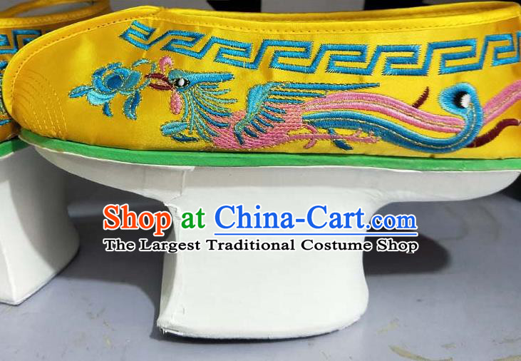 China Traditional Peking Opera Diva Shoes Beijing Opera Hua Tan Embroidered Phoenix Shoes Qing Dynasty Empress Yellow Satin Shoes