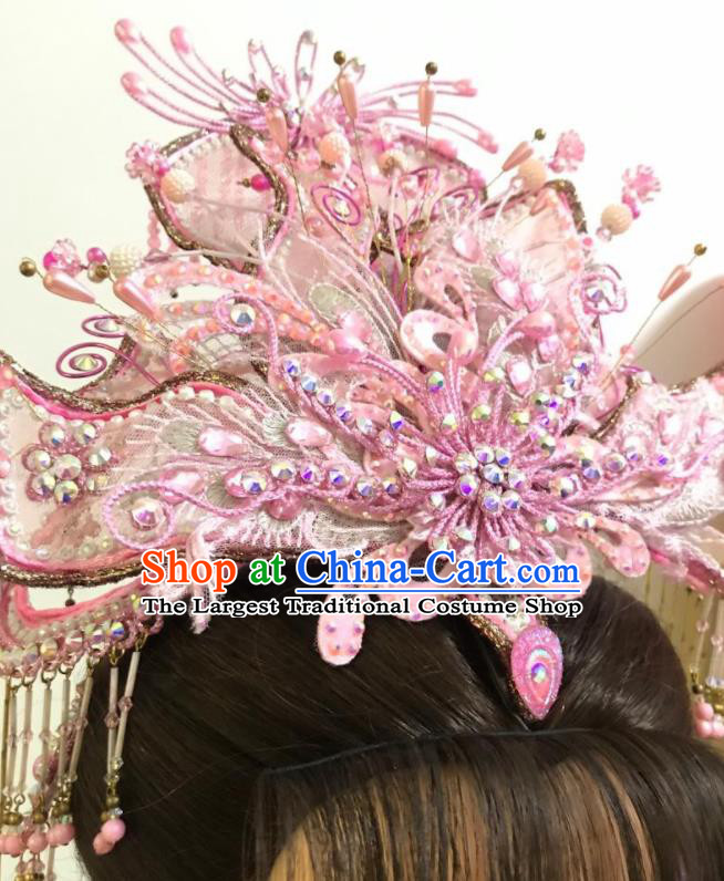 Chinese Gezi Opera Fairy Hair Accessories Peking Opera Hua Tan Pink Hair Crown Traditional Beijing Opera Actress Headdress