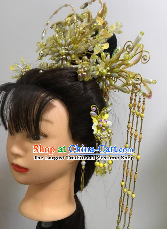 Chinese Traditional Beijing Opera Actress Headdress Gezi Opera Fairy Hair Accessories Peking Opera Hua Tan Golden Tassel Hair Crown