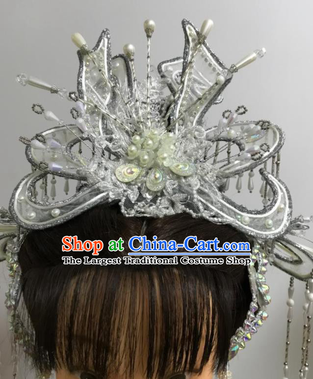 Chinese Peking Opera Hua Tan Tassel Argent Hair Crown Traditional Beijing Opera Actress Headdress Gezi Opera Fairy Hair Accessories