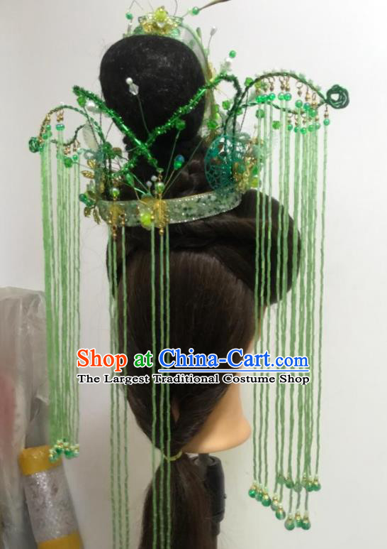 Chinese Peking Opera Actress Green Tassel Hair Crown Traditional Beijing Opera Hua Tan Phoenix Coronet Gezi Opera Princess Hair Accessories