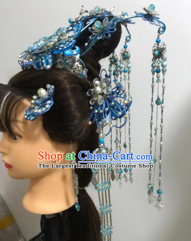 Chinese Traditional Beijing Opera Hua Tan Headdress Gezi Opera Princess Hair Accessories Peking Opera Diva Blue Hair Crown Complete Set