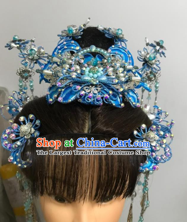 Chinese Traditional Beijing Opera Hua Tan Headdress Gezi Opera Princess Hair Accessories Peking Opera Diva Blue Hair Crown Complete Set