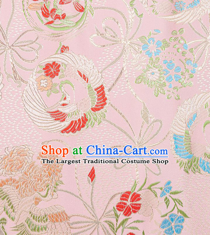 China Jacquard Satin Tapestry Traditional Hanfu Textile Fabric Classical Crane Pattern Pink Brocade Material Tang Suit Silk Damask