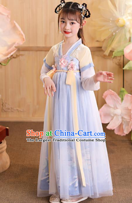 China Children Dance Blue Hanfu Dress Ancient Girls Fairy Fashion Costumes Traditional Tang Dynasty Kid Clothing