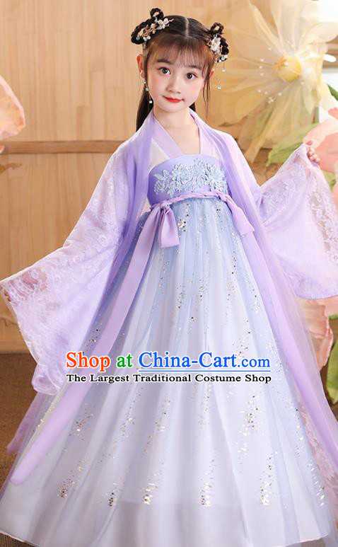 China Children Stage Show Garment Costumes Traditional Violet Hanfu Dress Tang Dynasty Girl Princess Clothing