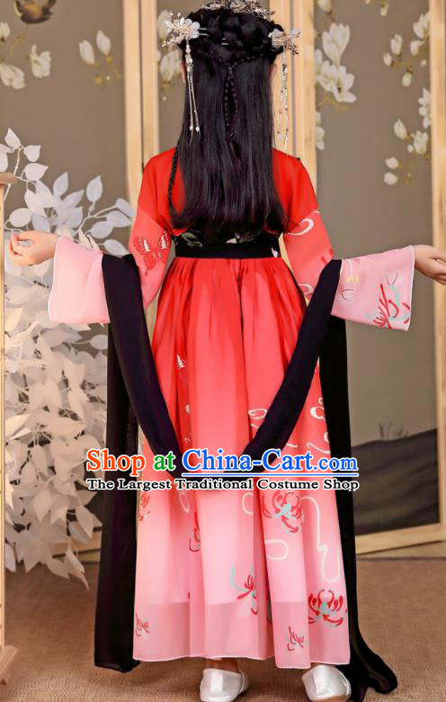 China Tang Dynasty Girl Princess Clothing Children Stage Show Garment Costumes Traditional Red Hanfu Dress