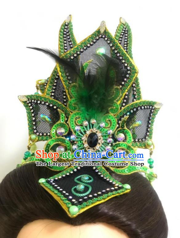 China Traditional Peking Opera Niche Headpiece Beijing Opera Xiaosheng Green Feather Hair Crown Fujian Gezi Opera Prince Headwear