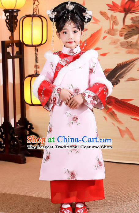 China Traditional Court Kid Pink Qipao Dress Qing Dynasty Girl Princess Clothing Children Stage Show Winter Costumes