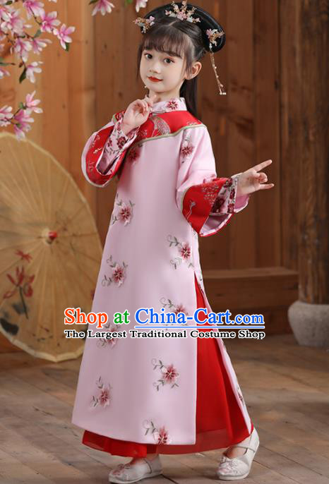 China Qing Dynasty Girl Princess Clothing Ancient Children Costumes Traditional Stage Show Pink Qipao Dress