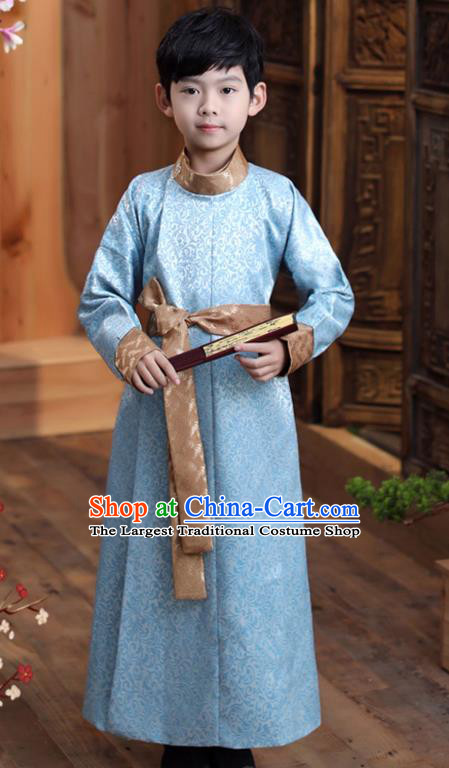 Chinese Qing Dynasty Boys Prince Clothing Traditional Stage Performance Costume Ancient Children Childe Blue Robe