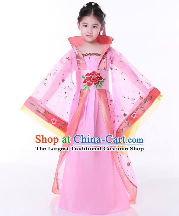 China Ancient Girl Fairy Garment Costume Traditional Children Pink Hanfu Dress Tang Dynasty Imperial Consort Clothing