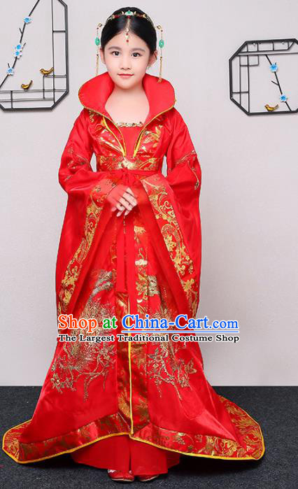 China Tang Dynasty Girl Princess Clothing Ancient Children Garment Costume Traditional Court Dance Red Hanfu Dress