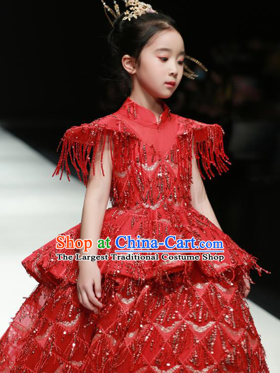 Professional Stage Show Garment Costume Girl Catwalks Red Full Dress Children Piano Performance Formal Clothing