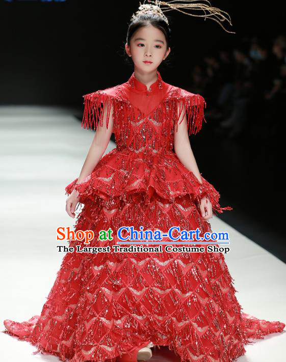 Professional Stage Show Garment Costume Girl Catwalks Red Full Dress Children Piano Performance Formal Clothing