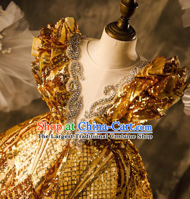 Professional Girl Stage Show Fashion Clothing Baroque Catwalks Golden Trailing Full Dress Children Performance Formal Costume