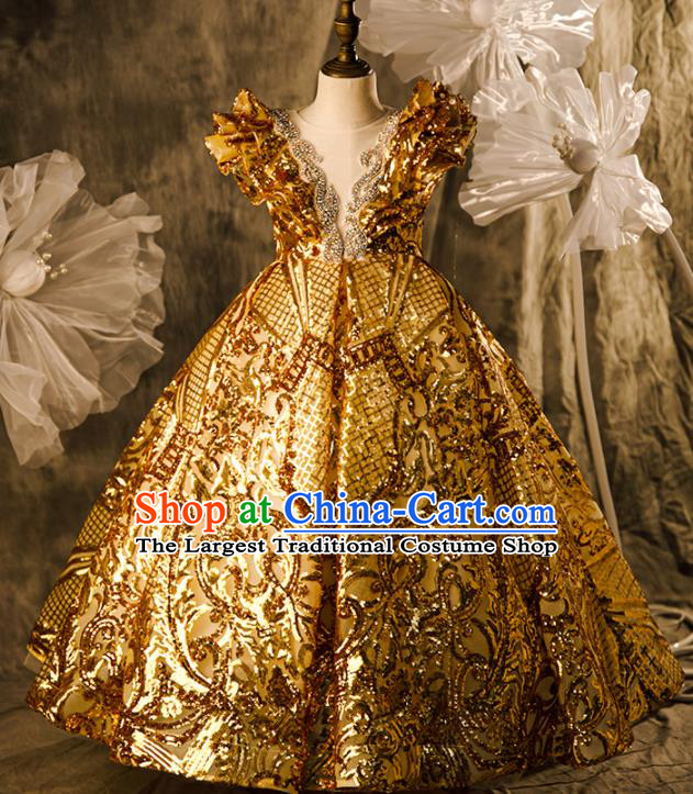 Professional Girl Stage Show Fashion Clothing Baroque Catwalks Golden Trailing Full Dress Children Performance Formal Costume