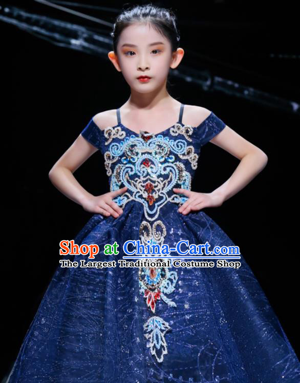Professional Children Piano Performance Formal Costume Flower Girl Stage Show Fashion Clothing Baroque Catwalks Deep Blue Full Dress